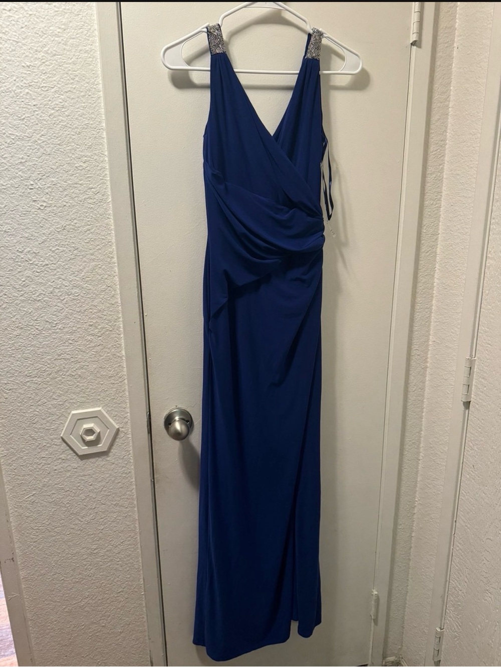 Ralph Lauren Royal Blue V-Neck Evening Gown with Beaded Straps